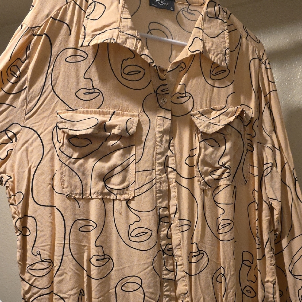 Abstract Face Print Button Down Shirt - Tan